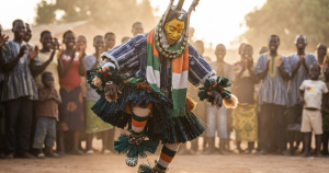Motif apatam sur fond raphia, illustration d'un rassemblement festif